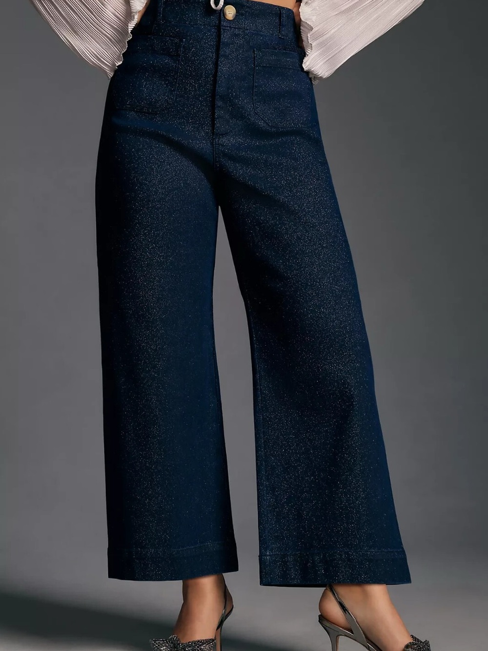 Anthropologie Maeve Colette Navy Sparkle Denim Wide-Leg Jeans Cropped Tall